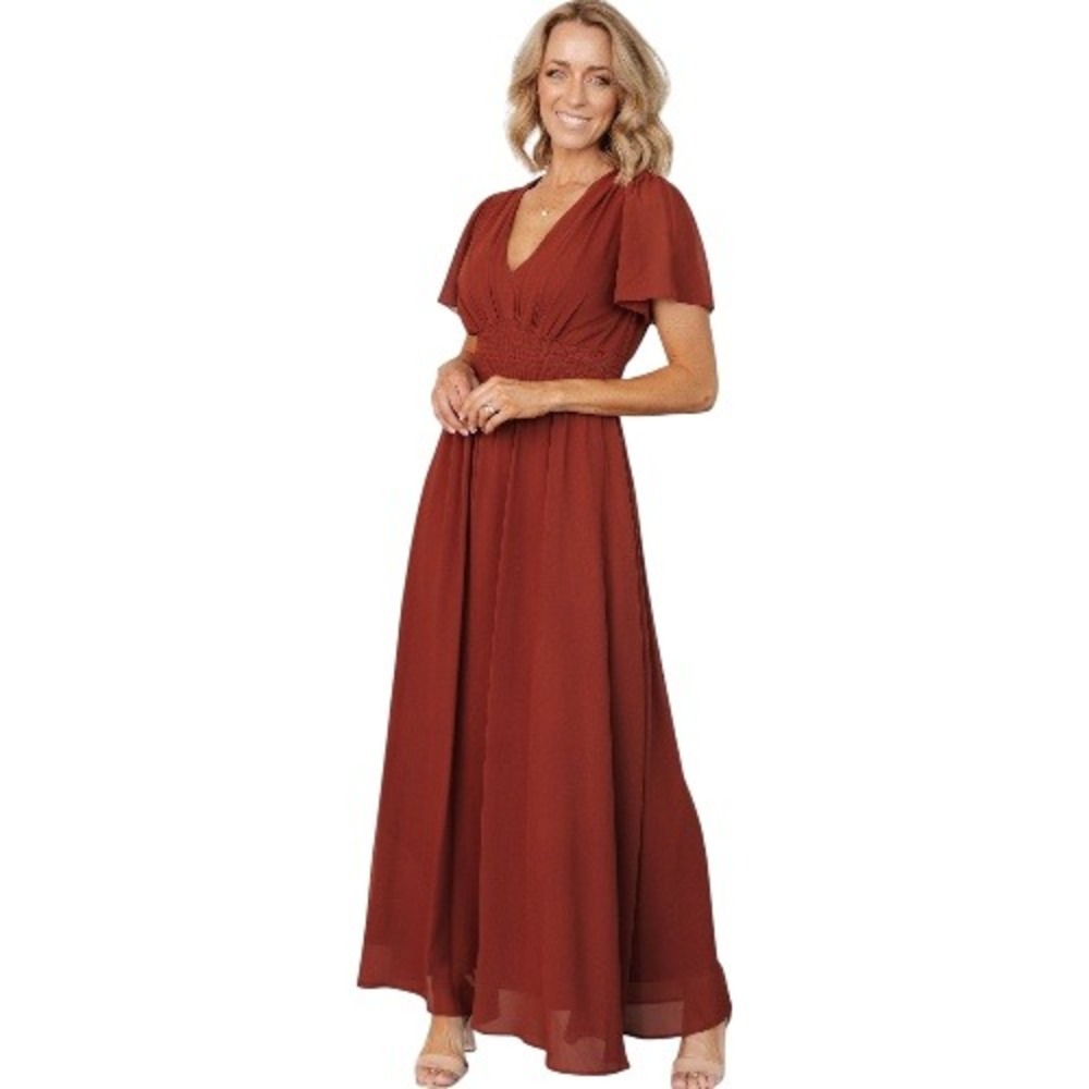 Baltic Born Birdie Maxi Dress Cinnamon Brown Chiffon Smocking Flutter Sleeve XL